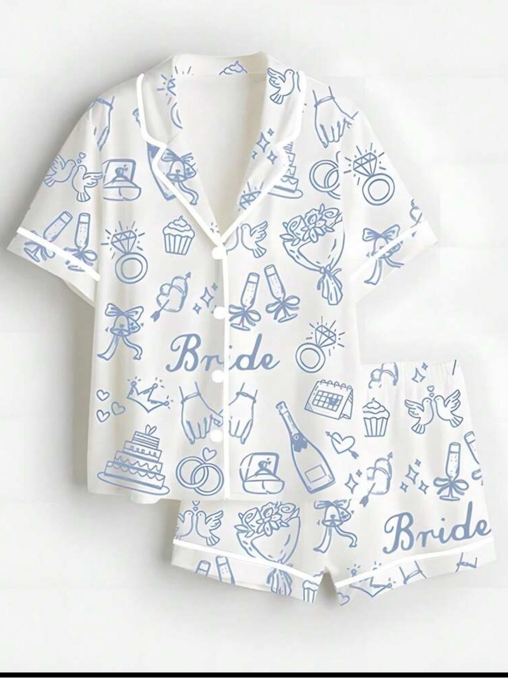 Bride Pajama Set in White/Blue